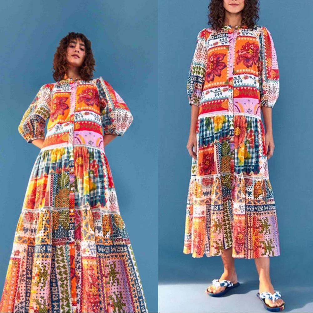 NWT Farm Rio Summer Stitches Eyelet Maxi Dress Multi Patchwork 3/4 Sleeves Small
